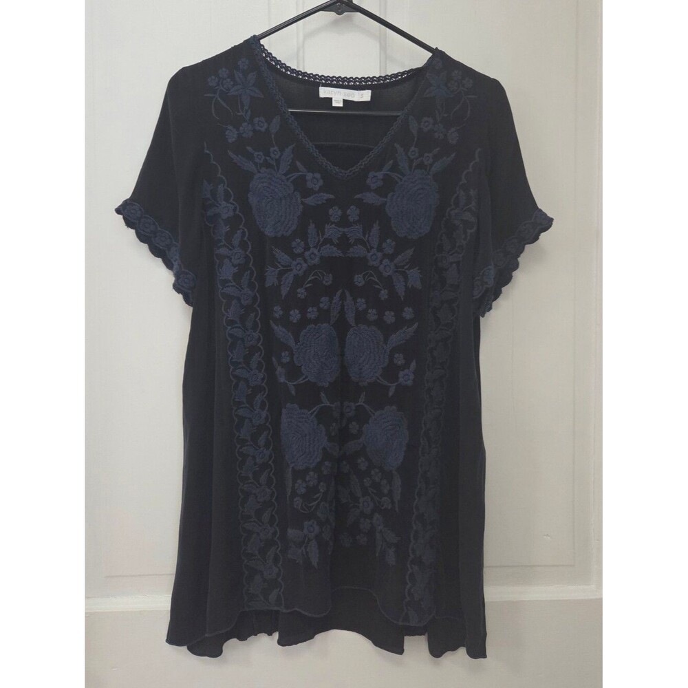 Karyn Seo Anthropologie Viscose Embroidered Top S Deep Blue